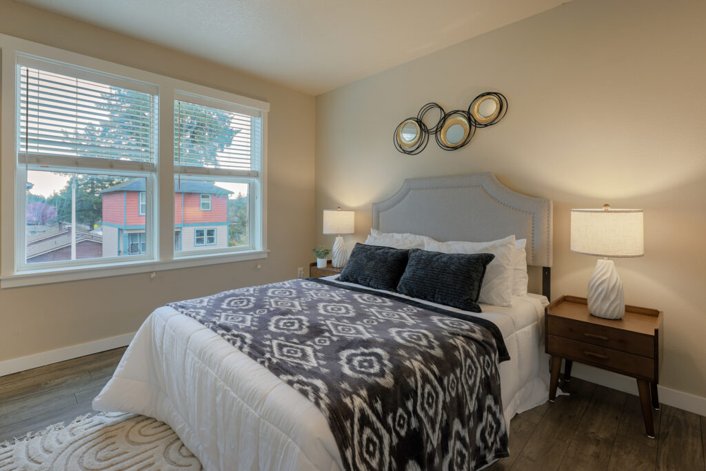 Cozy master bedroom interior photography showing architectural details and soft natural light