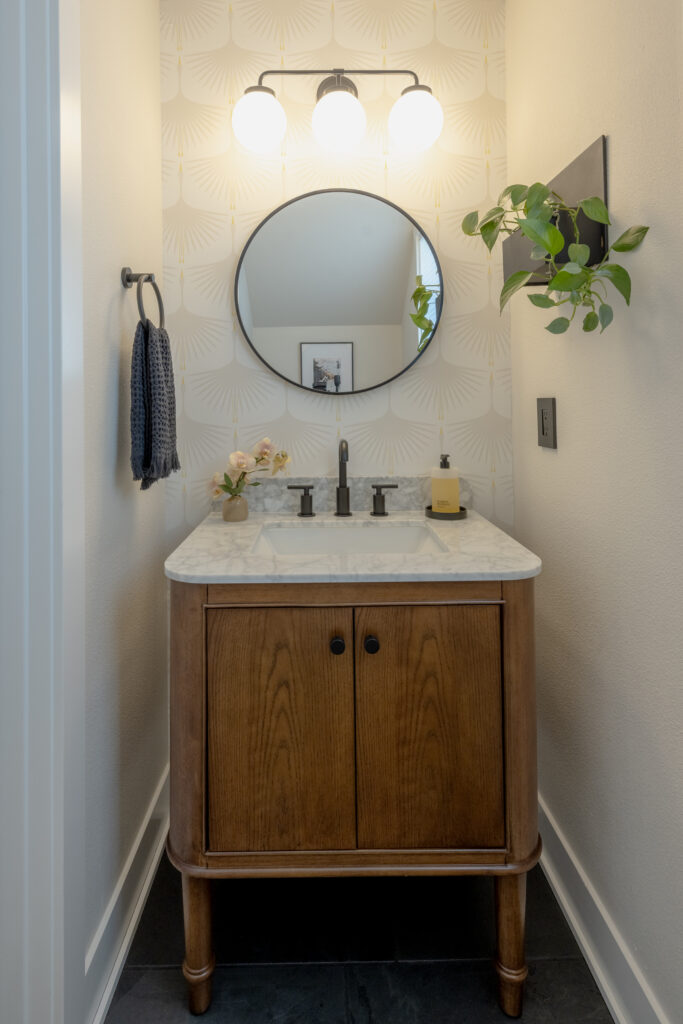 Detailed interior shot of a luxury master bathroom with premium fixtures and clean composition