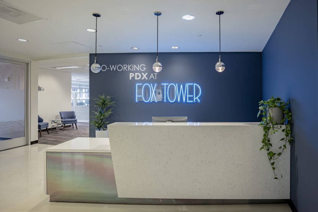 Modern office lobby and reception desk photography at Fox Tower in downtown Portland, Oregon