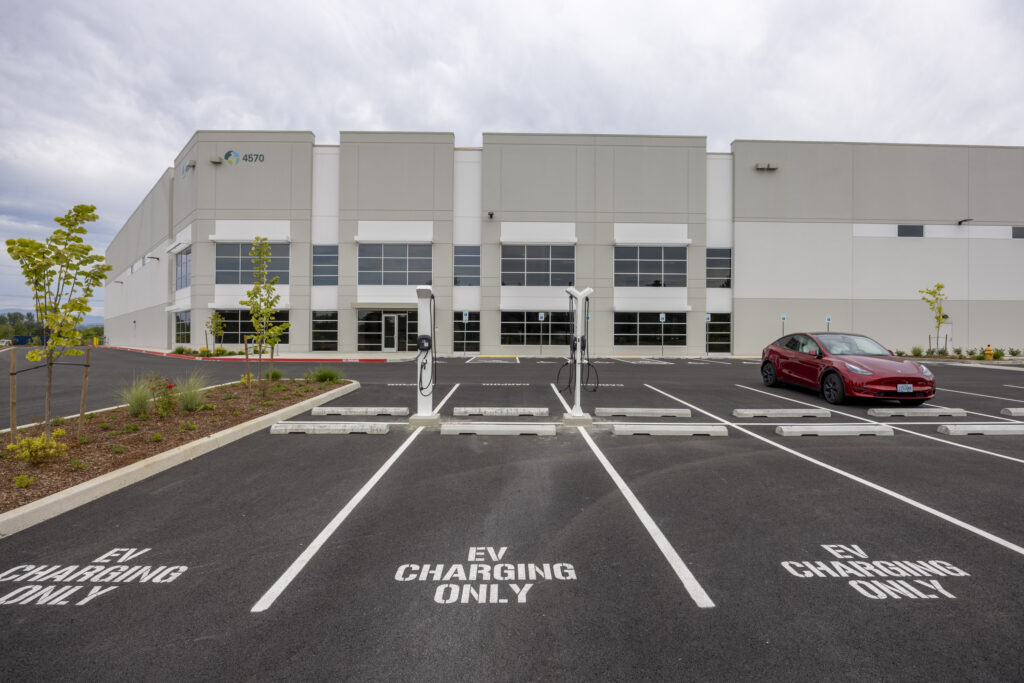 "Professional architectural imagery of a logistics distribution center in Portland, Oregon, showcasing functional scale