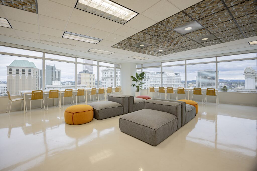 Wide-angle commercial property photography showcasing the scale and layout of an industrial office and logistics hub.